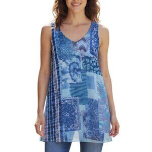 One World Tunic Tank Top Size Medium Mesh Overlay Blue Purple Rhinestones Art